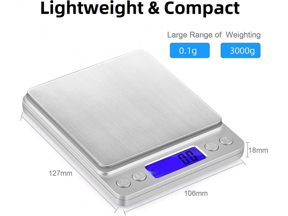 AJ Inox Food Scale, Ψηφιακή Ζυγαριά Κουζίνας 2kg Ακριβείας 0,1gr, LCD Οθόνη & 2 Αποσπώμενα Μπολ, Silver