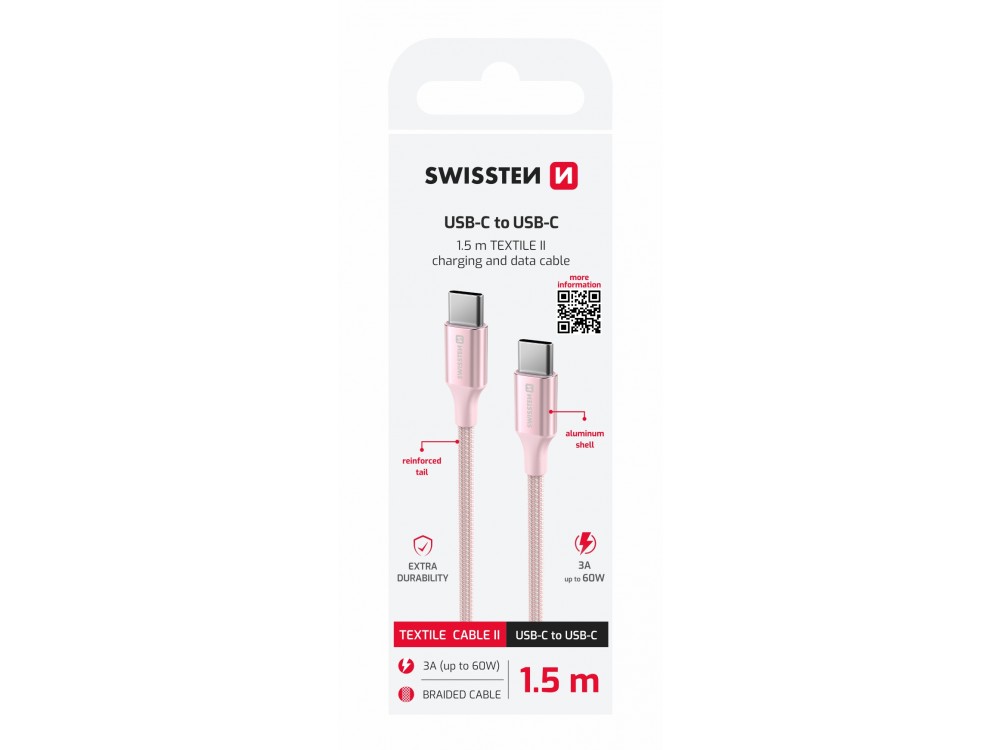 Swissten Durable Textile II USB-C σε USB-C Καλώδιο 1.5μ. με Νάυλον ύφανση, Pink