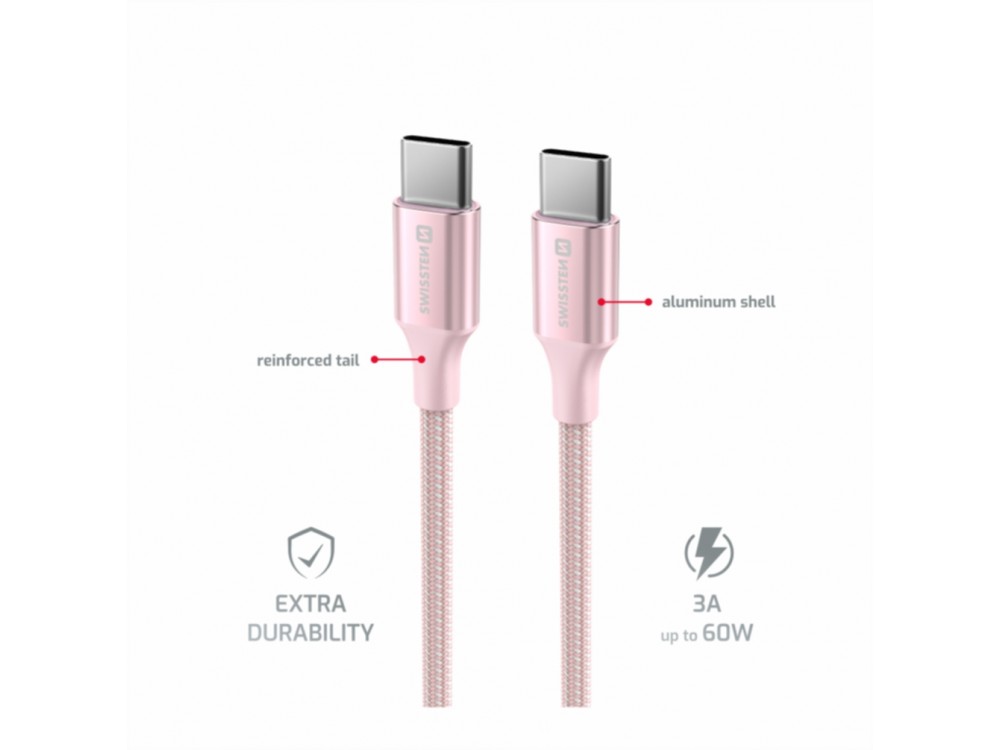 Swissten Durable Textile II USB-C σε USB-C Καλώδιο 1.5μ. με Νάυλον ύφανση, Pink