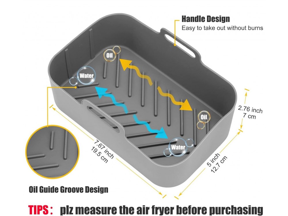 AJ Air Fryer Reusable Silicone Liner Rectangle, Αντικολλητικά Μπολ ψησίματος για Dual Air Fryer 20cm Ορθογώνια, Σετ των 2τμχ