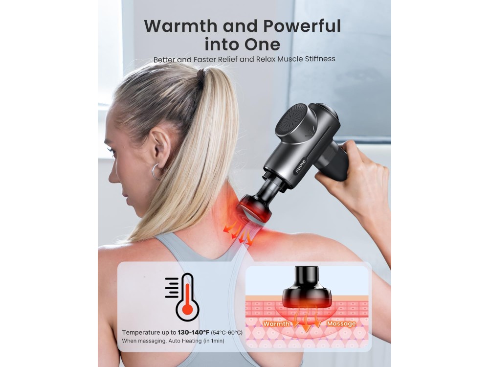 RENPHO Heated Massage Gun, Συσκευή Μασάζ και ανάκαμψης Μυών, Massage and Muscle Recovery Device, Cordless with 5 Speed ​​Levels,, Heating Function & 4 Κεφαλές Μασάζ