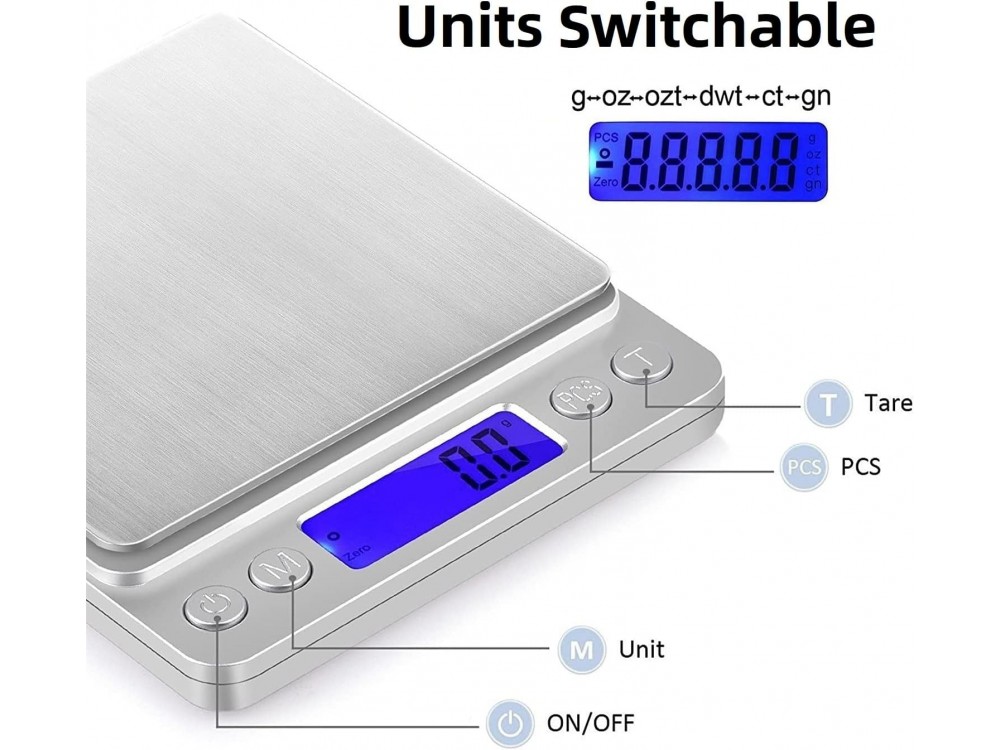 AJ Inox Food Scale, Ψηφιακή Ζυγαριά Κουζίνας 2kg Ακριβείας 0,1gr, LCD Οθόνη & 2 Αποσπώμενα Μπολ, Silver