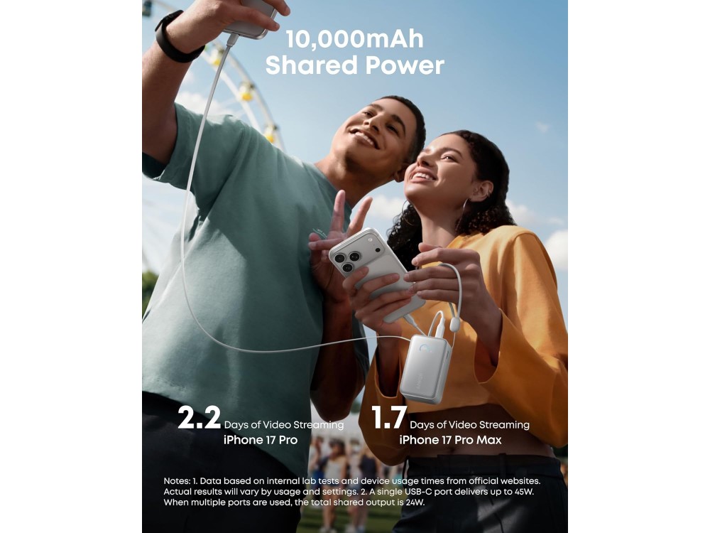 Anker Nano Power Bank 10.000mAh 45W με Ενσωματωμένο Επεκτεινόμενο Καλώδιο USB-C, White