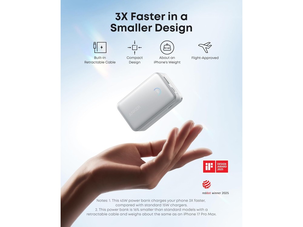 Anker Nano Power Bank 10.000mAh 45W με Ενσωματωμένο Επεκτεινόμενο Καλώδιο USB-C, White