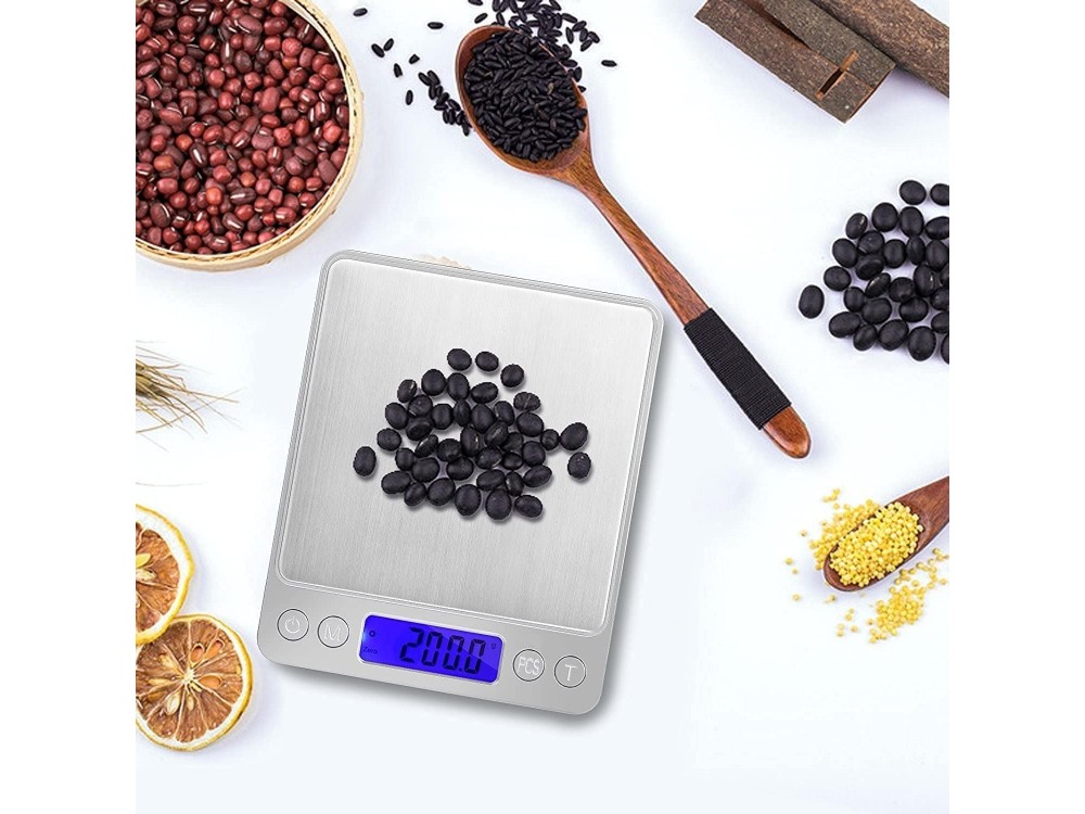 AJ Inox Food Scale, Ψηφιακή Ζυγαριά Κουζίνας 2kg Ακριβείας 0,1gr, LCD Οθόνη & 2 Αποσπώμενα Μπολ, Silver