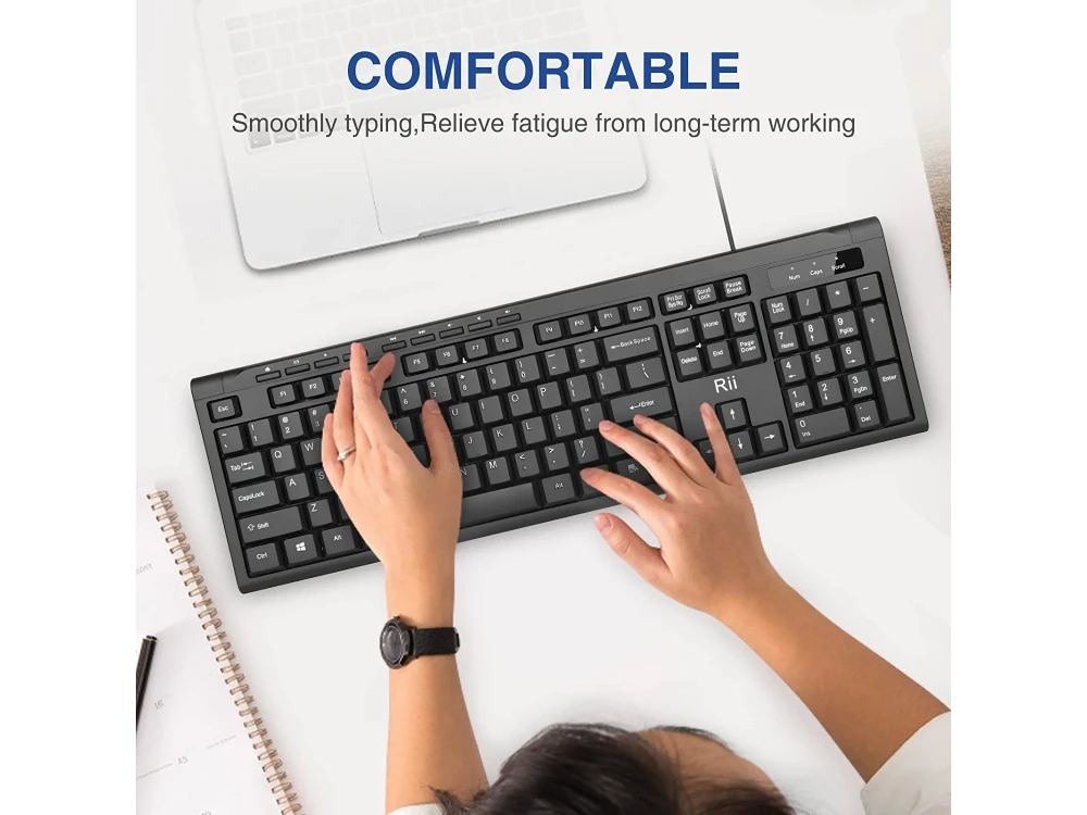 Rii RK907 Ultra-Slim Compact USB Wired Keyboard, Plug and Play, with 12 Multimedia Shortcuts
