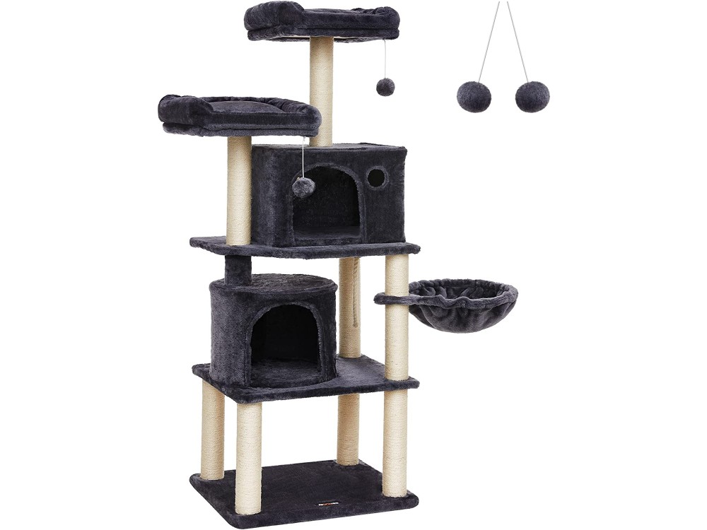 FEANDREA Velvet Onychodrome With Poles, Cat Tree 6 Levels with 2 Hiding Belts, made of Sisal 55x45x162cm, Smoky Grey