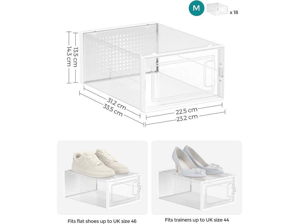Songmics Shoe Boxes, Pack of 18 Stackable Shoe Storage Organisers, Foldable and Versatile for Sneakers, 33.3 x 23 x 14cm