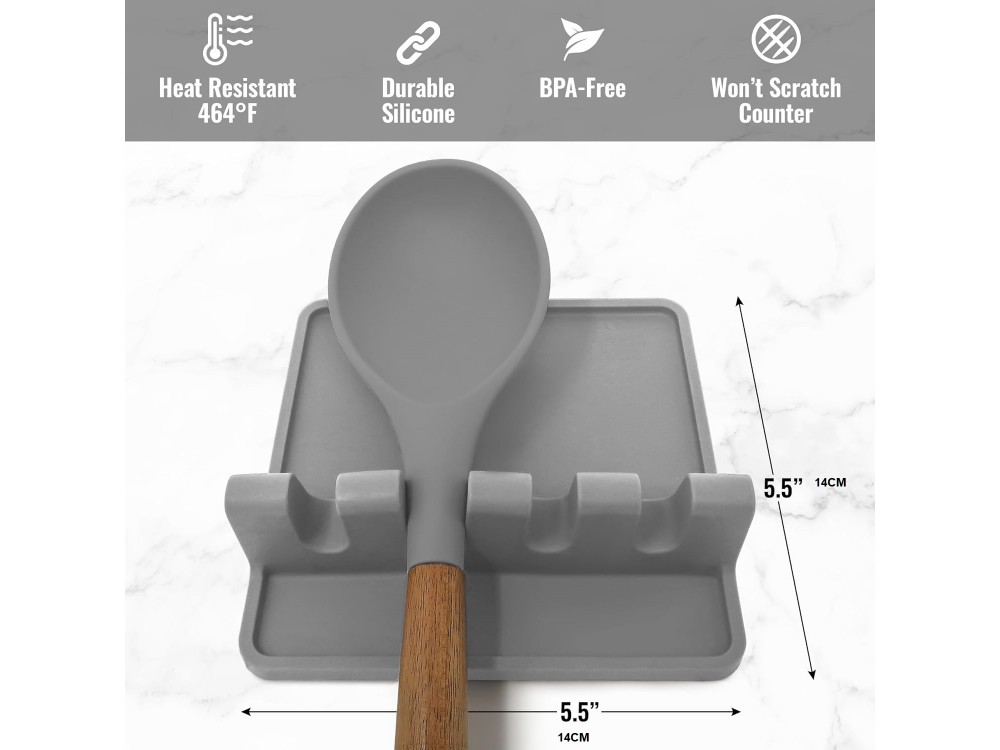 AJ Silicone Spoon Rest with Drip Pad, Βάση Κουτάλας πολλών Θέσεων, Σετ των 2τμχ, Grey