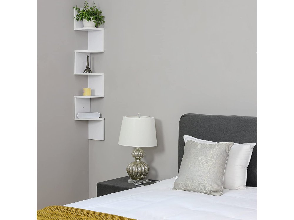 VASAGLE Corner Shelf / Wall Bookcase, 5 Shelves, Floating with Zigzag Design - LBC20WT, White
