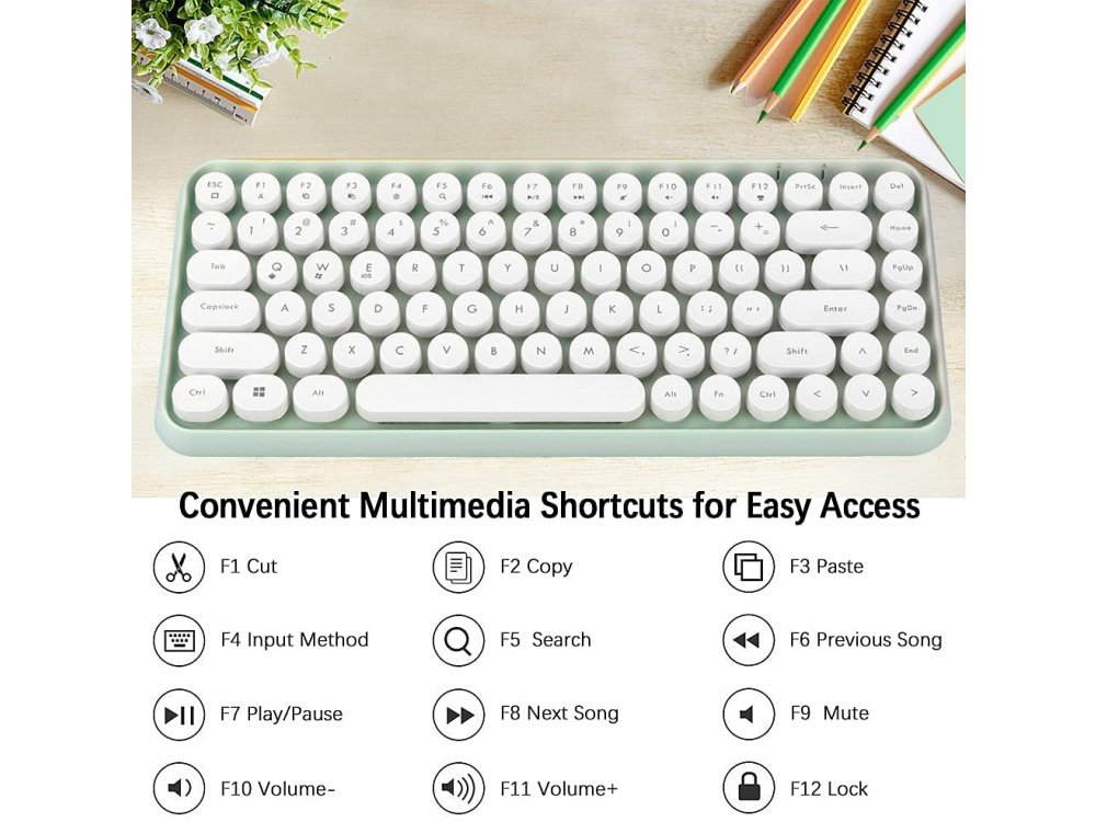 Ajazz 308i Ultra Compact Slim Profile Bluetooth Πληκτρολόγιο Multi-Device, Retro Keyboard με Round Keys, Mint