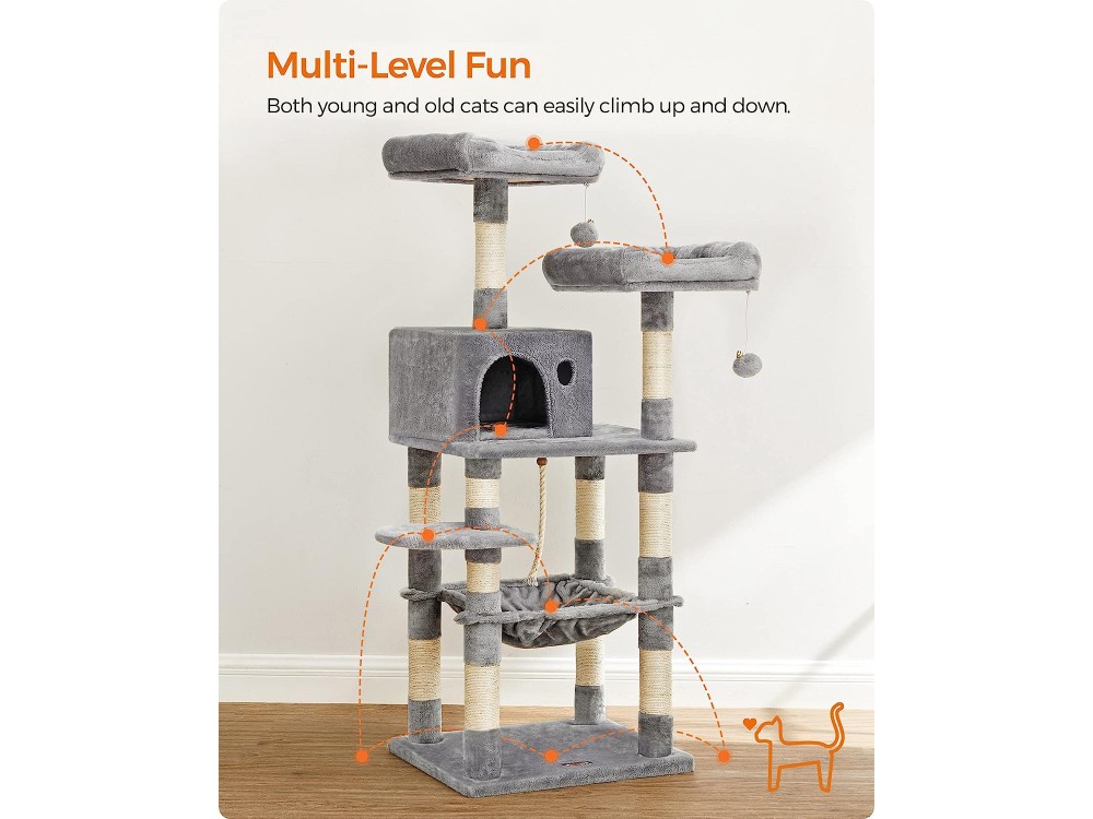 FEANDREA Velvet Cat Tree With Poles, 6 Levels with Hideaway, Hammock & Toys, from Sisal 55x45x143cm, Light Grey