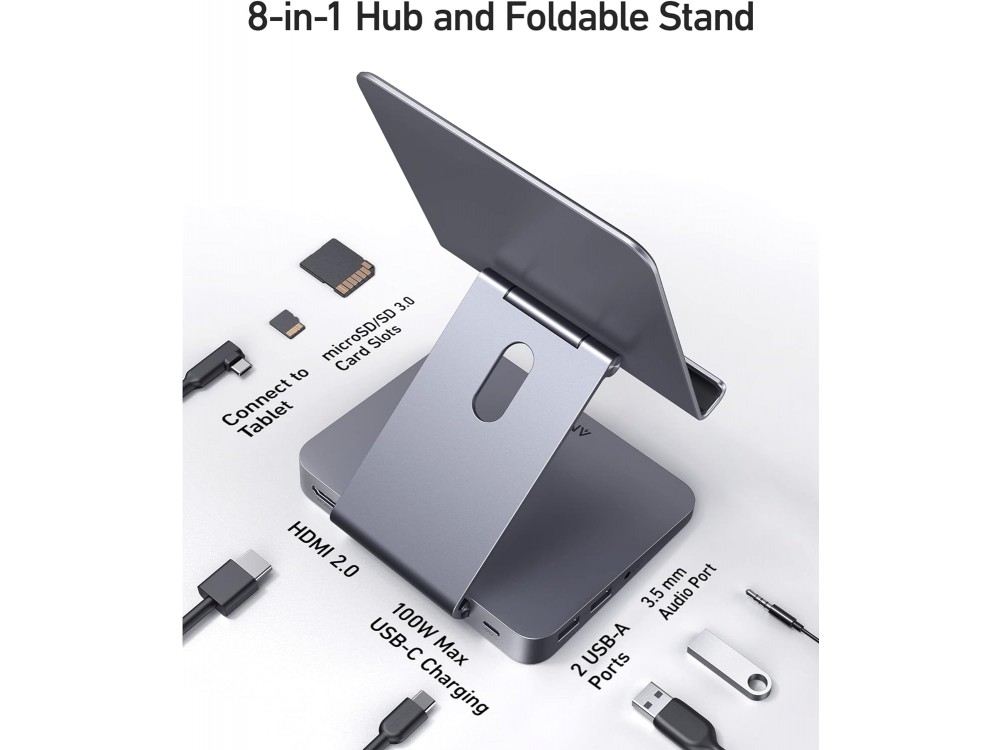 Anker 551 8-in-1 USB-C Hub & Tablet Stand 100W USB-C + 2* USB-A 3.0 + 4K@60Hz HDMI + AUX, Gray - ΑΝΟΙΓΜΕΝΗ ΣΥΣΚΕΥΑΣΙΑ