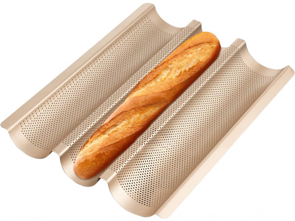 AJ Perforated Baguette Pan Baking Tray, Perforated Steel Baking Tray with 3 Places for Baguettes 38 x 28, Gold