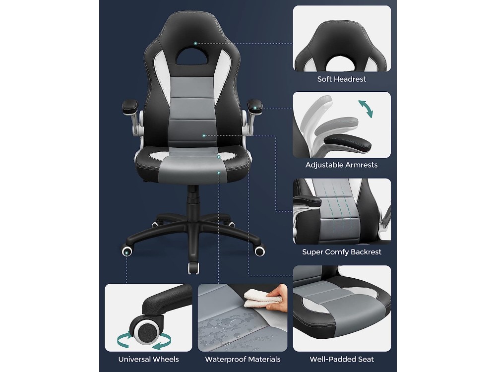 Songmics Executive Gaming Chair, PU Leather Καρέκλα Γραφείου με Ρυθμιζόμενα Μπράτσα & Αντοχή 150kg, Black / Grey