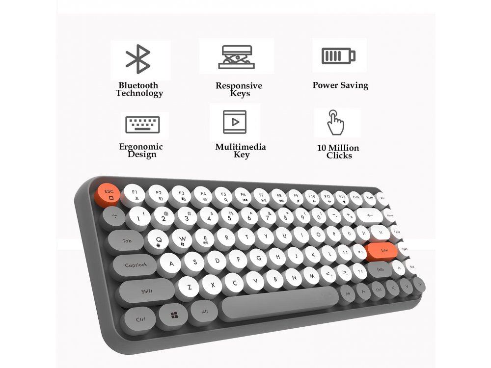 Ajazz 308i Ultra Compact Slim Profile Bluetooth Πληκτρολόγιο Multi-Device, Retro Keyboard με Round Keys, Grey