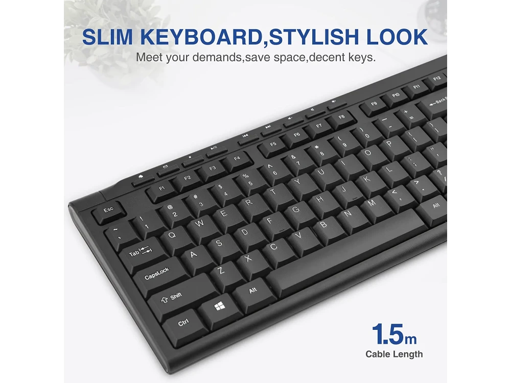 Rii RK907 Ultra-Slim Compact USB Wired Keyboard, Plug and Play, with 12 Multimedia Shortcuts