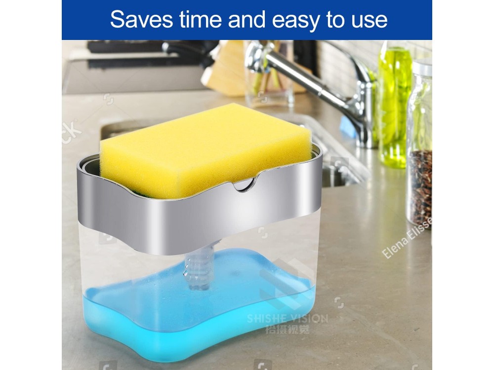AJ Dish Soap Dispenser 3-in-1, Επιτραπέζιο Dispenser Κουζίνας 380ml με Σφουγγάρι και Θήκη Αποθήκευσης Σφουγγαριού, Διαφανές