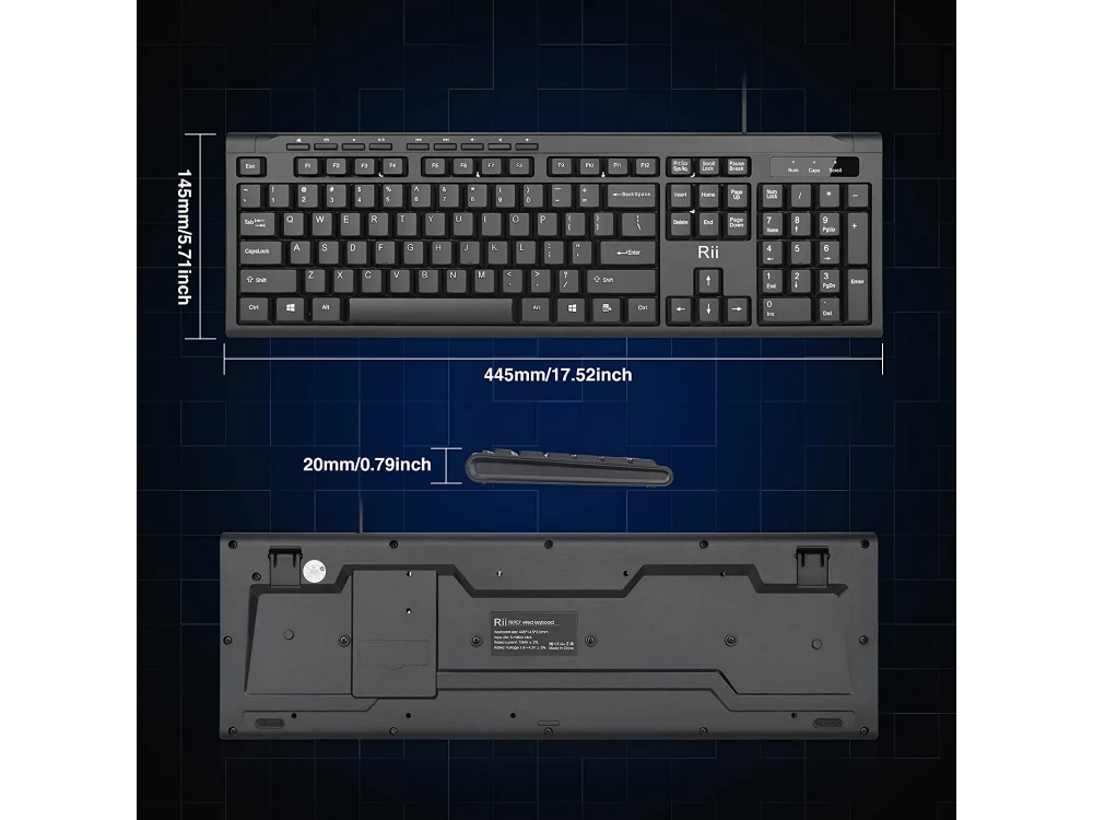 Rii RK907 Ultra-Slim Compact USB Wired Keyboard, Ενσύρματο Πληκτρολόγιο Plug and Play, με 12 Multimedia Shortcuts