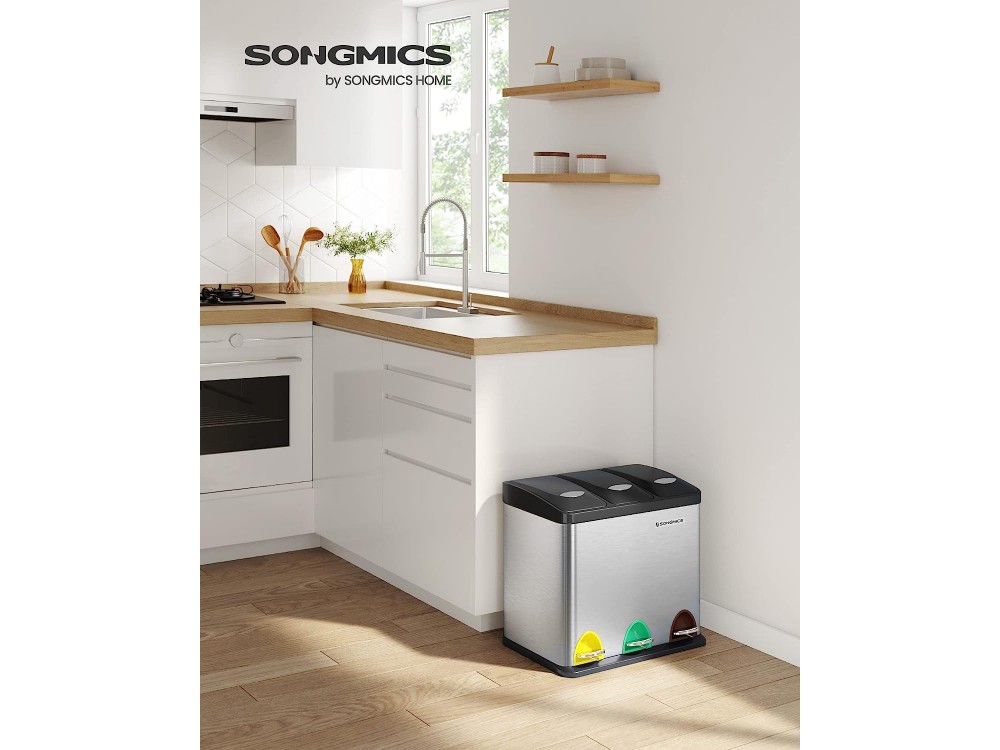 Songmics Stainless Steel Recycling Bin 24L, with 3 Compartments (2x8 Liters) and Pedal, 65x29.5x46.5cm (Includes 15 Bags)