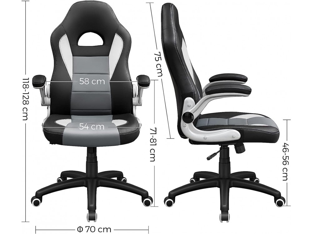 Songmics Executive Gaming Chair, PU Leather Καρέκλα Γραφείου με Ρυθμιζόμενα Μπράτσα & Αντοχή 150kg, Black / Grey