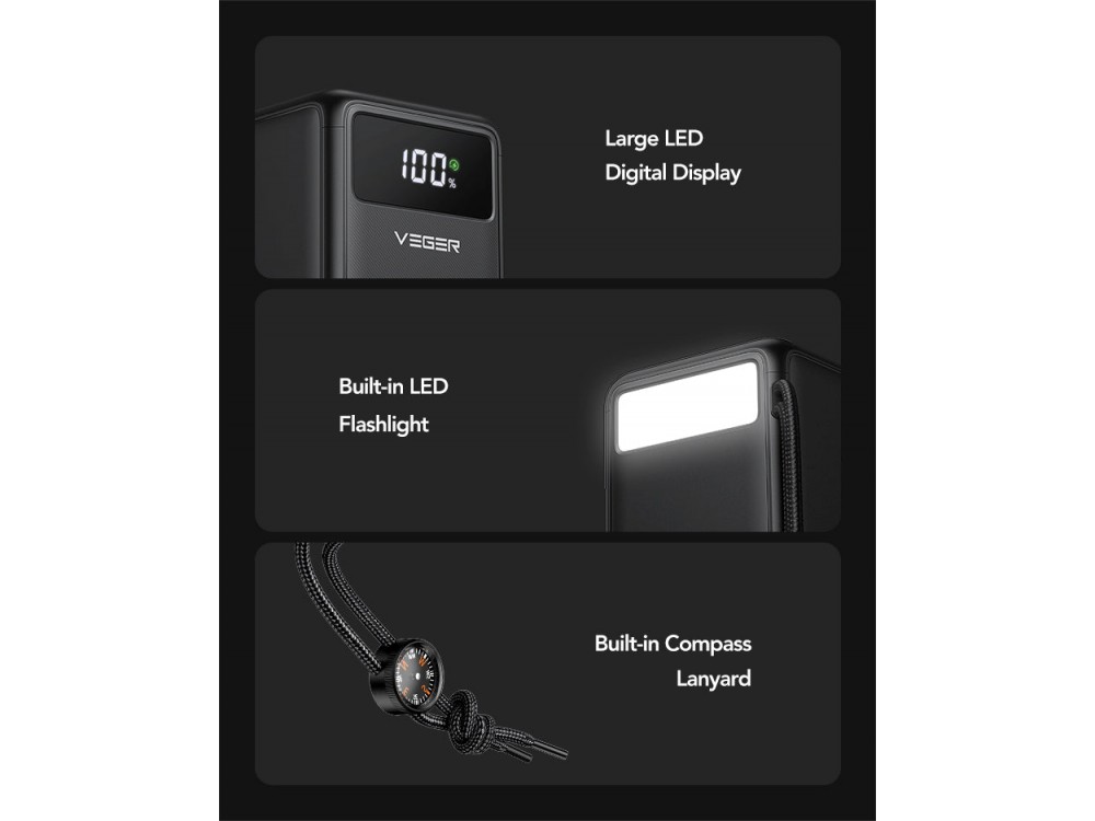 Veger Tank Lite 50000 22.5W PD USB-C Power Bank 50.000mAh Power Delivery & QC3.0, με Φακό, Μαύρο
