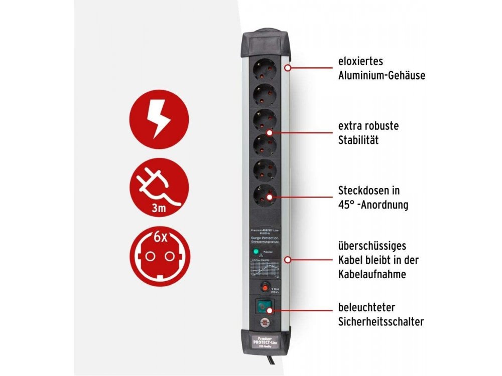 Brennenstuhl Premium-Protect 6-outlet Surge Protection Strip 60.000Α with switch & 3M cable