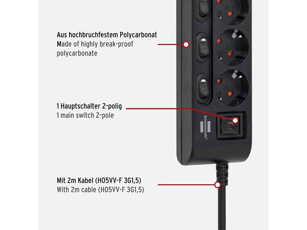 Brennenstuhl 6-outlet Extension socket, Power strip with Independent switches & 2M Cable, Black