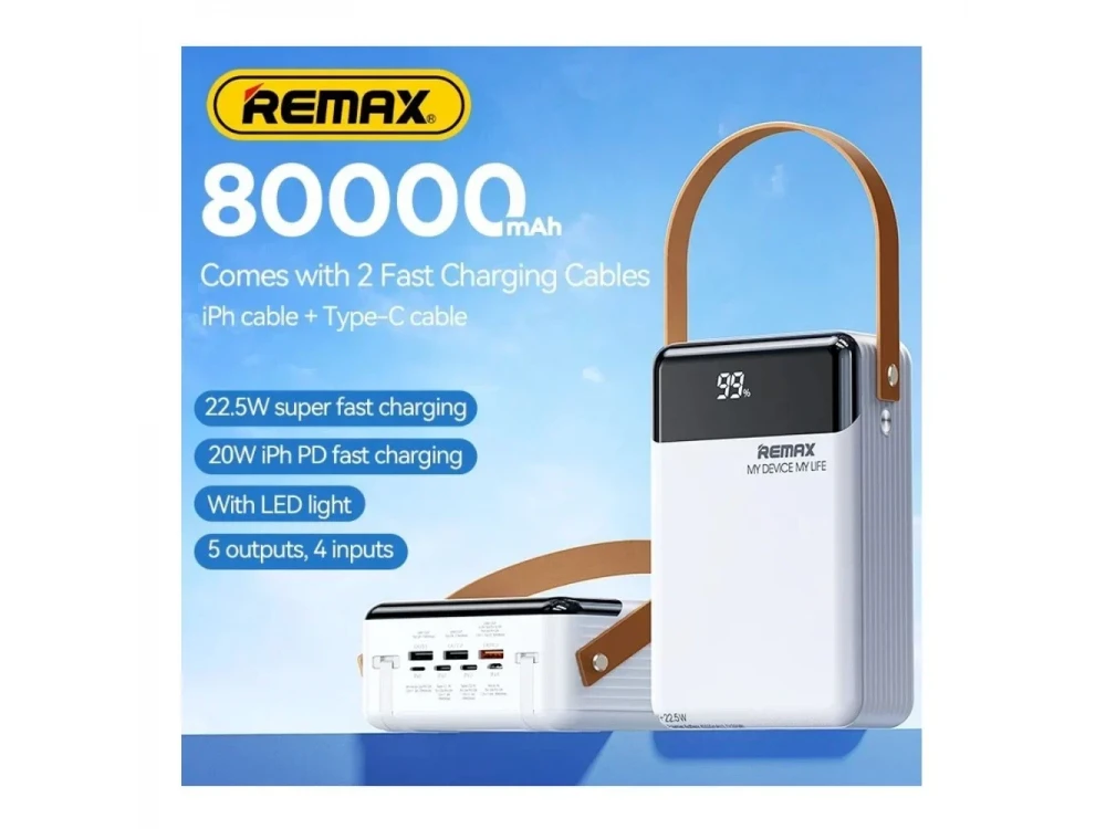 Remax Lesu II 80000 22.5W PD USB-C Power Bank 80,000mAh with Digital Display & Power Delivery, White