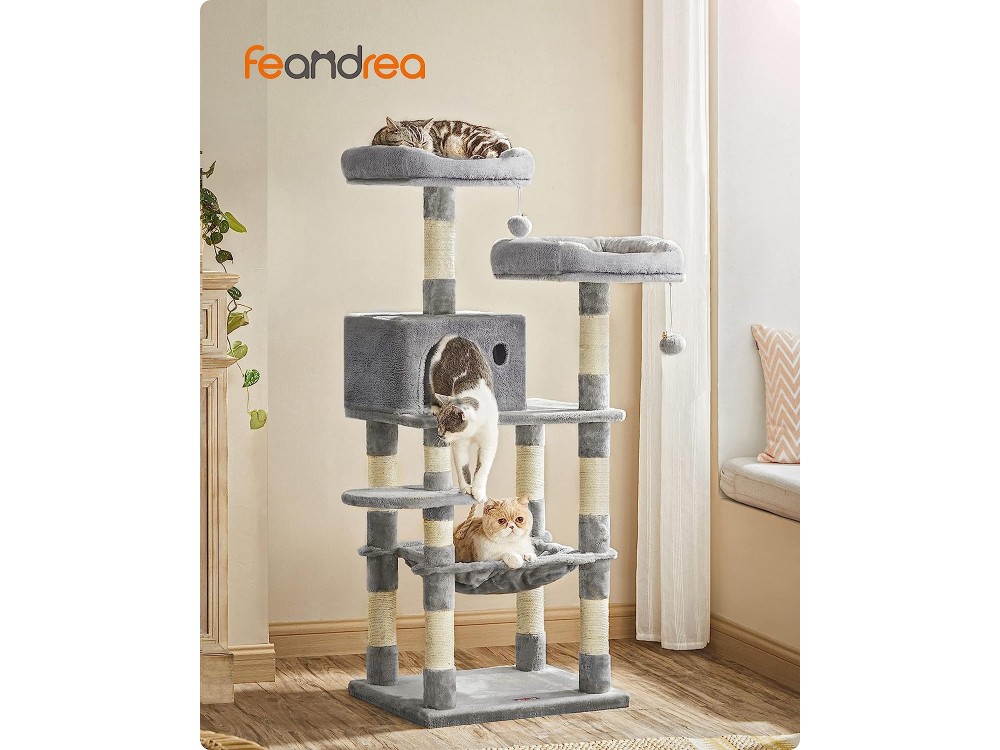 FEANDREA Velvet Cat Tree With Poles, 6 Levels with Hideaway, Hammock & Toys, from Sisal 55x45x143cm, Light Grey