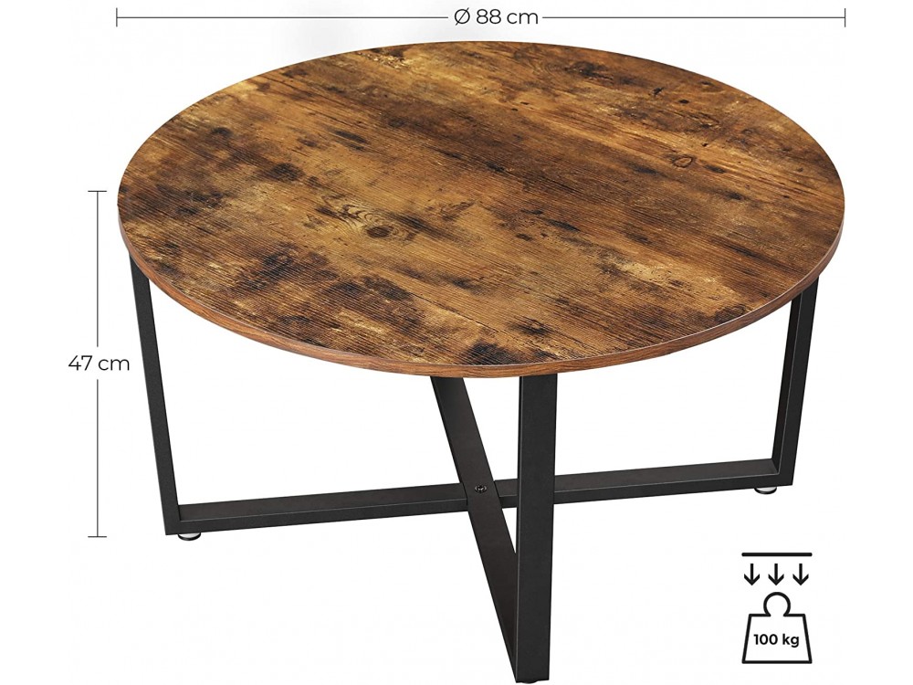 VASAGLE Round Coffee Table, Τραπεζάκι Σαλονιού με Ατσάλινο Σκελετό και Καφέ Επιφάνεια σε Ρουστίκ Στυλ 88 x 47cm