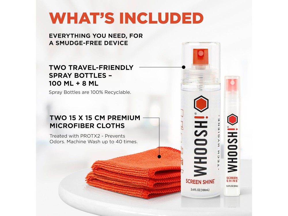 Whoosh! Duo Screen Cleaner, Screen Cleaning Set with 100ml & 8ml Liquid Sprays and 2 x Antimicrobial Microfiber Cloths