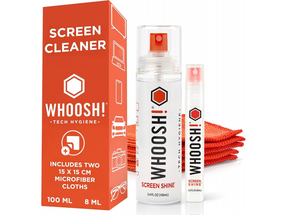 Whoosh! Duo Screen Cleaner, Screen Cleaning Set with 100ml & 8ml Liquid Sprays and 2 x Antimicrobial Microfiber Cloths