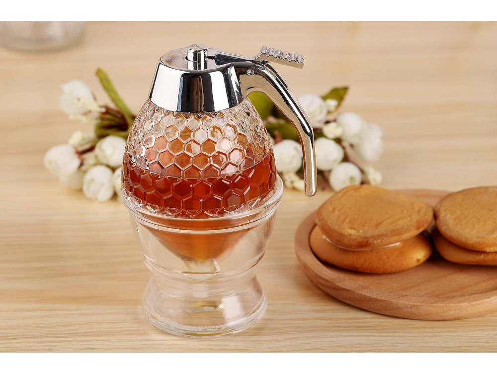 AJ Honey Dispenser with No Drip Glass, Honey dispenser/ Syrup, with Stand