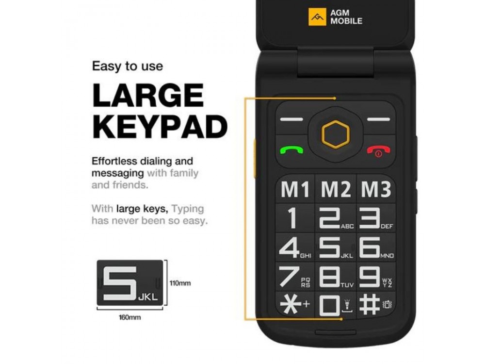 AGM M8 FLIP Waterproof mobile phone, MIL-STD-810H, Dual Sim, 2.8" screen, SOS compatible with hearing aids, Black