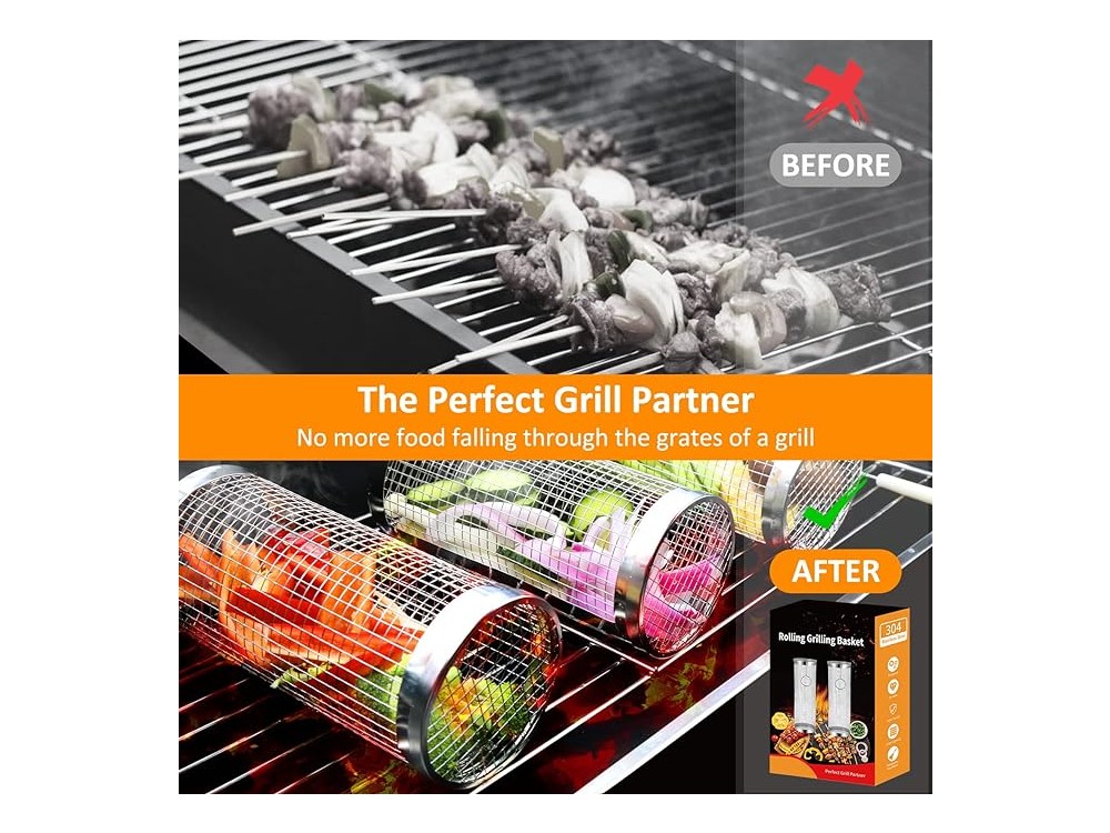 AJ 2-Pack BBQ Rolling Grilling Baskets, Κυλινδρικό Καλάθι Ψησίματος με Ασφαλές Κλείσιμο & Πιρούνι, Σετ των 2τμχ