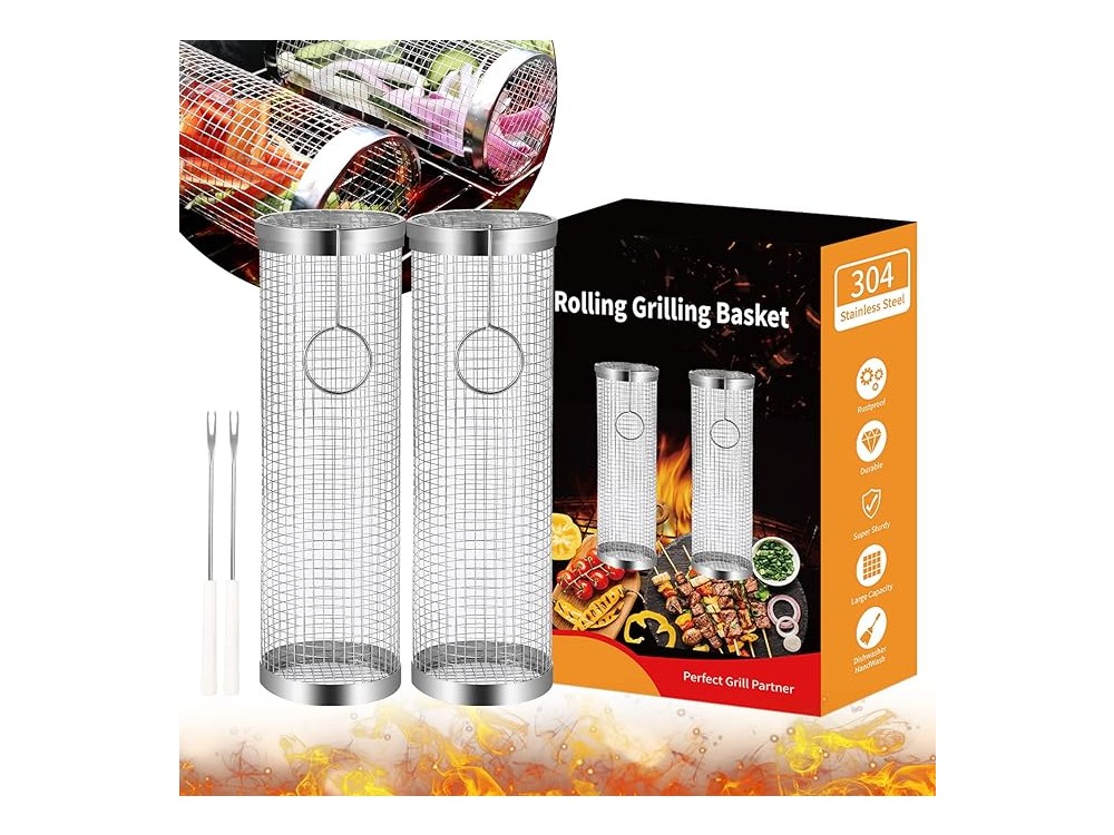 AJ 2-Pack BBQ Rolling Grilling Baskets, Rolling Grilling Basket with Safety Lock & Fork, Set of 2