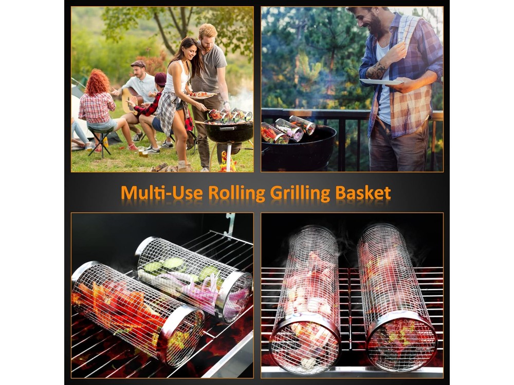 AJ 2-Pack BBQ Rolling Grilling Baskets, Κυλινδρικό Καλάθι Ψησίματος με Ασφαλές Κλείσιμο & Πιρούνι, Σετ των 2τμχ