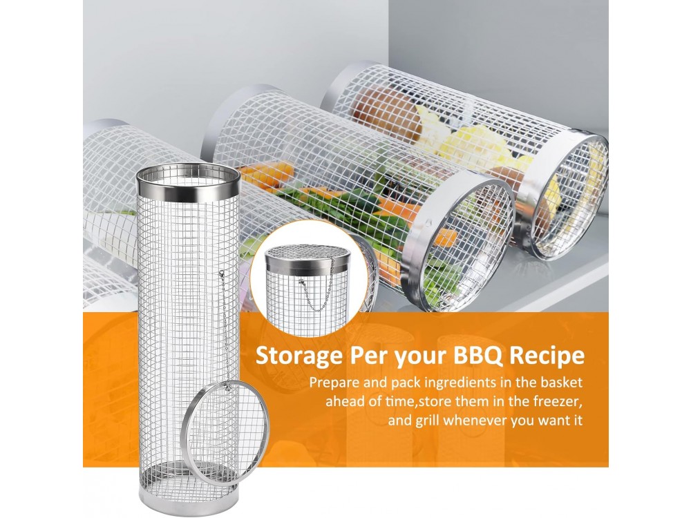 AJ 2-Pack BBQ Rolling Grilling Baskets, Κυλινδρικό Καλάθι Ψησίματος με Ασφαλές Κλείσιμο & Πιρούνι, Σετ των 2τμχ