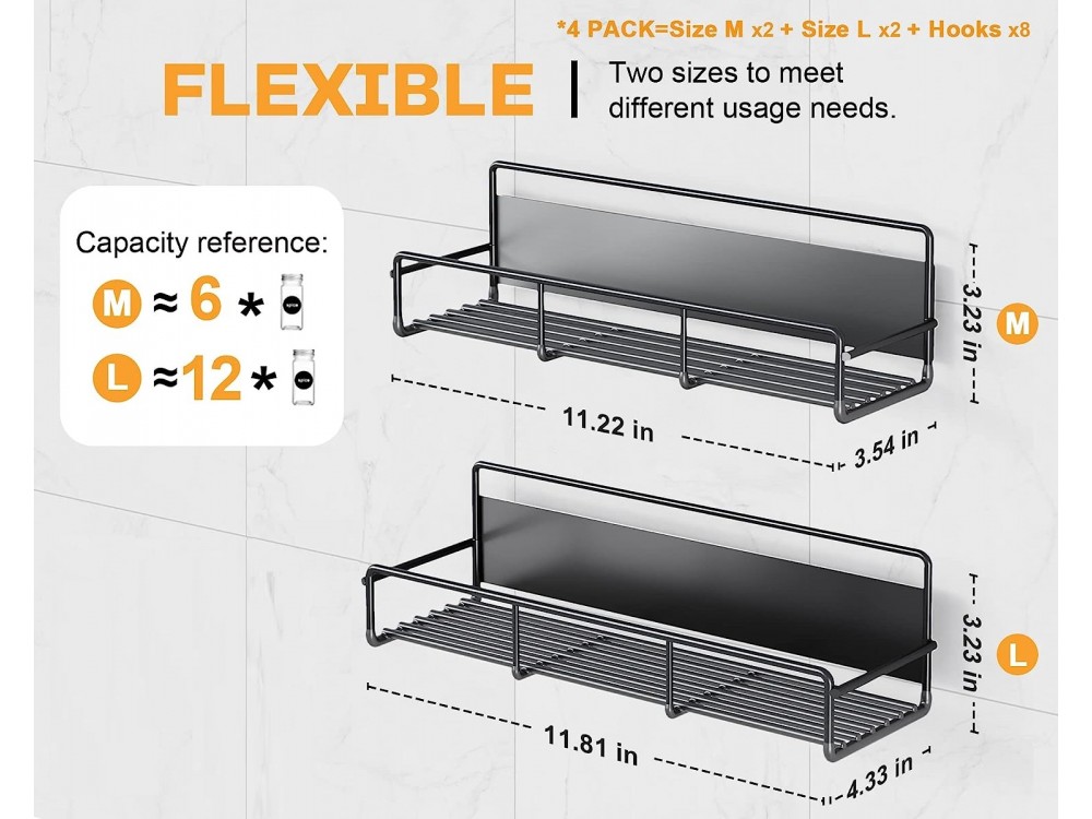 AJ 2-Tier Magnetic Spice Rack, Ράφι Μπαχαρικών & Βοτάνων Μαγνητικό, Σετ των 2, Black