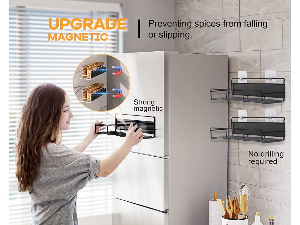 AJ 2-Tier Magnetic Spice Rack, Magnetic Spice & Herb Rack, Set of 2, Black