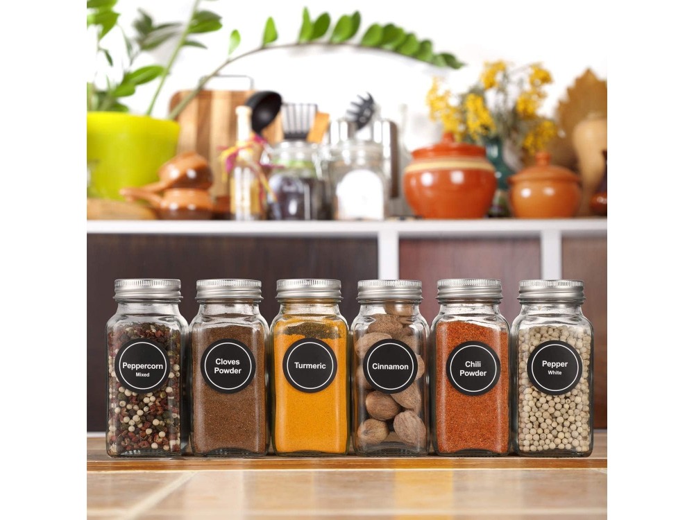 AJ 24-Pack Spice Jars with Labels, Θήκες Μπαχαρικών Γυάλινες με Καπάκια από Μέταλλο, Σετ των 24τμχ με Ετικέτες & Χωνί
