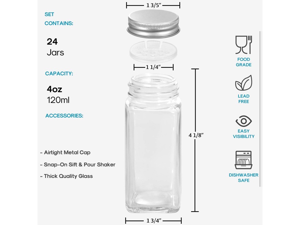 AJ 24-Pack Spice Jars with Labels, Θήκες Μπαχαρικών Γυάλινες με Καπάκια από Μέταλλο, Σετ των 24τμχ με Ετικέτες & Χωνί