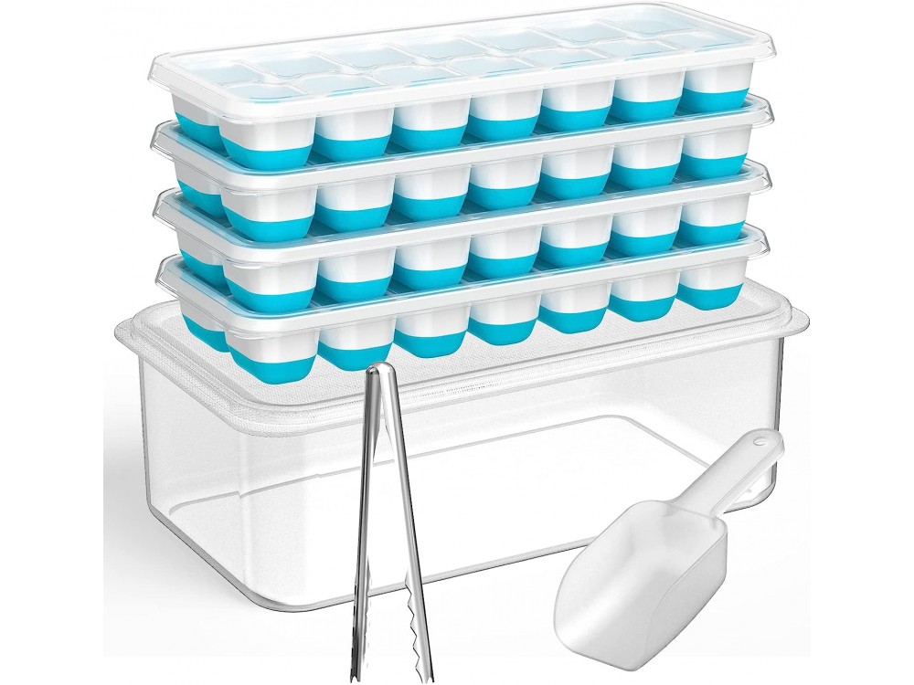 AJ 4-Pack Ice Cube Tray With Lid & Bin, Παγοθήκη από Σιλικόνη 14 Θέσεων, Σετ των 4τμχ με Καπάκι, Σέσουλα & Τσιμπίδα, Blue