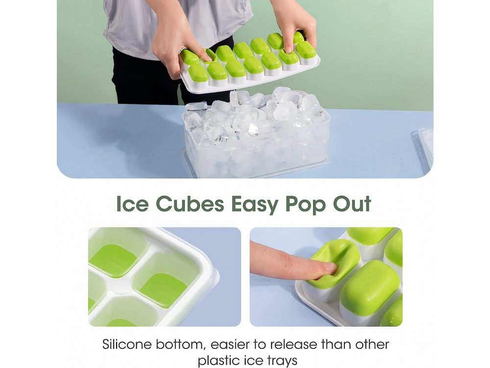 AJ 4-Pack Ice Cube Tray With Lid & Bin, 14 Cube, Set of 4pcs with Lid and Tong, Green