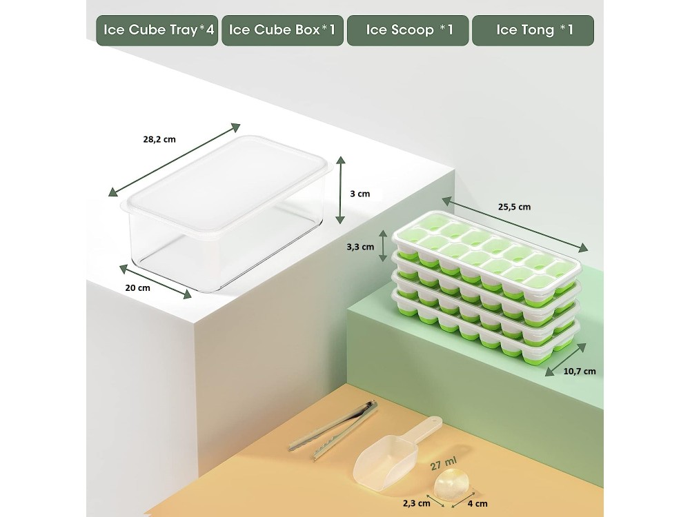 AJ 4-Pack Ice Cube Tray With Lid & Bin, 14 Cube, Set of 4pcs with Lid and Tong, Green
