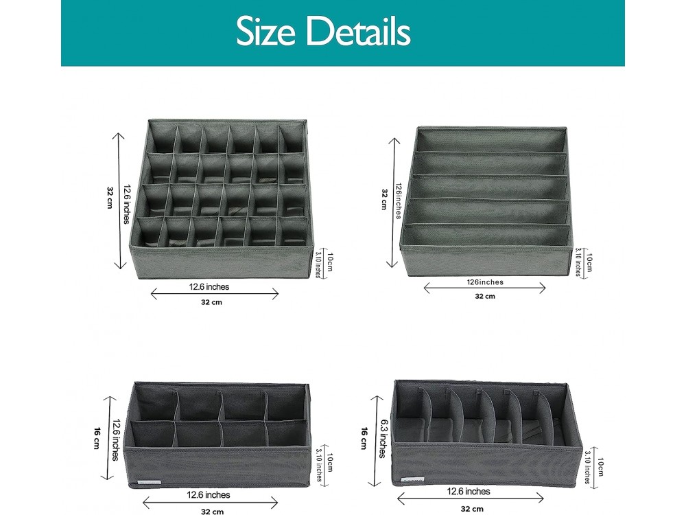 AJ 4-Pack Underwear Drawer Organizer Divider, Underwear Storage & Drawer Organizer, Set of 4, Dark Gray
