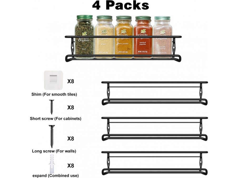 AJ 4-Tier Spice Rack, Ράφι Μπαχαρικών & Βοτάνων, Σετ των 4, Black