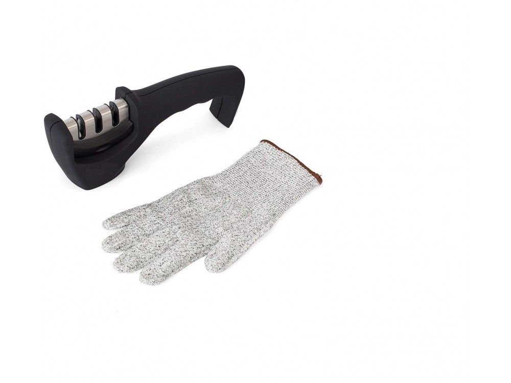AJ 4-in-1 Kitchen Knife Accessories, Hand Knife Sharpener with 3 Levels, Anti-Cut Glove Set