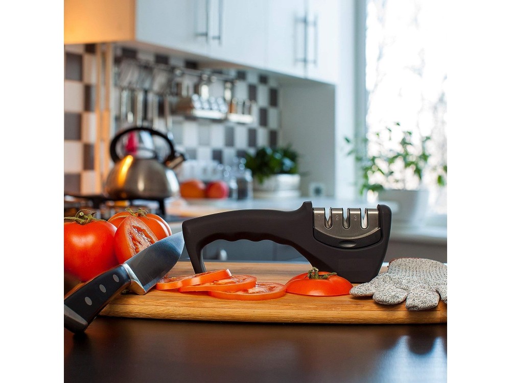 AJ 4-in-1 Kitchen Knife Accessories, Ακονιστήρι μαχαιριών Χειρός με 3 Επίπεδα, Σετ με Αντικοπτικό Γάντι